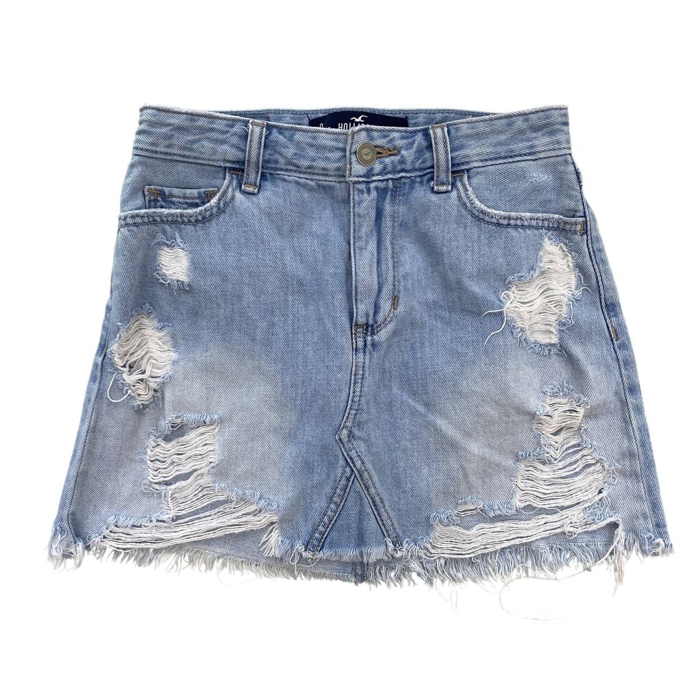 Hollister Denim Mini Skirt Women 0 Blue Light Wash High Rise Distressed Jean 25"
